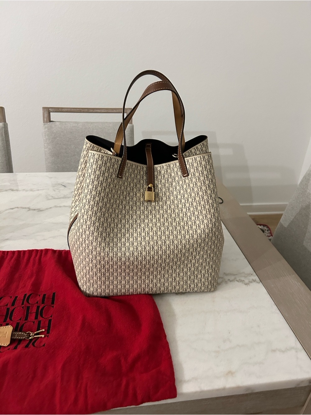 Carolina Herrera Cream Monogram Tote with Brown Leather Trim